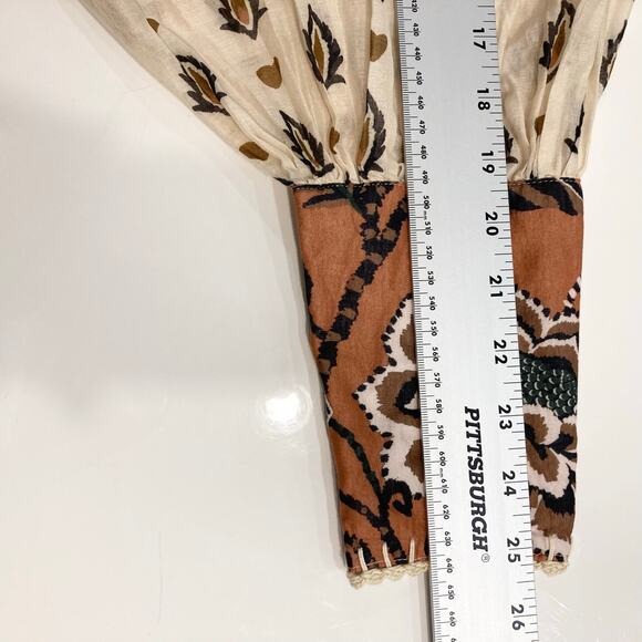 Nwot FARM RIO Top L Cream Brown Floral Pearly-Button Crochet Puff-Balloon-Sleeve - Picture 16 of 16